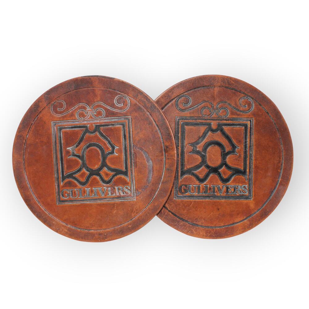Set of 2 large Leather GULLIVERS Trivets 8.75" Bar Tavern Round Irish